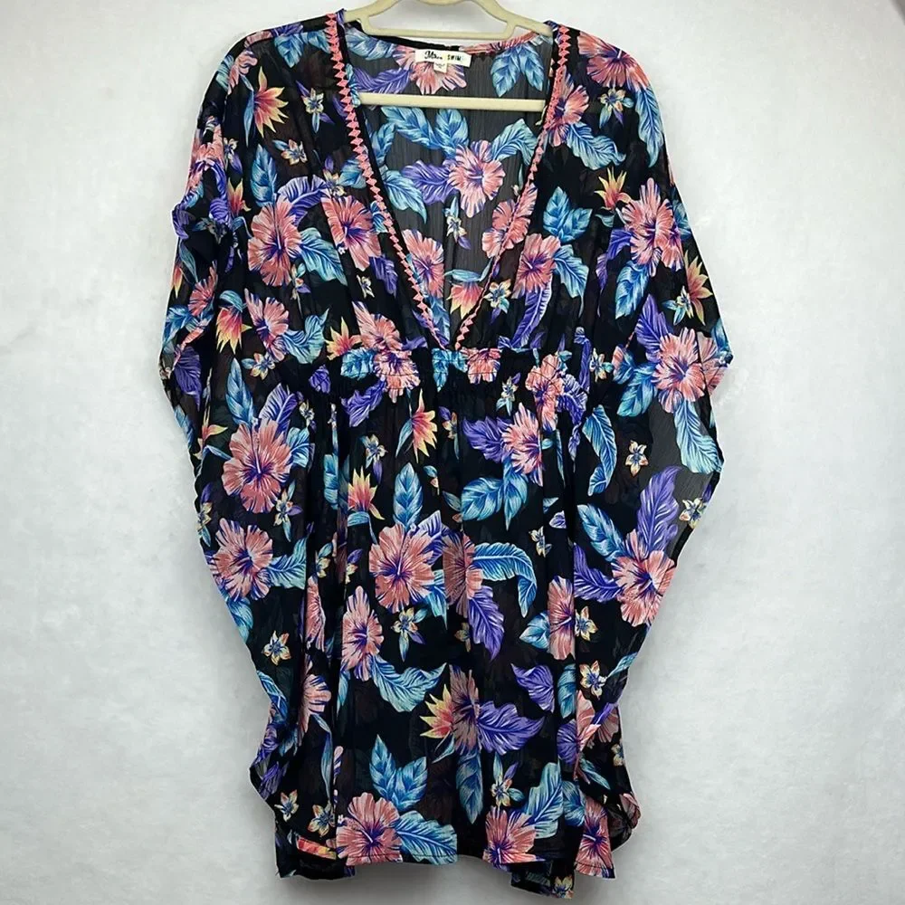 Miken TROPICAL FLORAL Print Smocked Waist Cover-up, Sz M